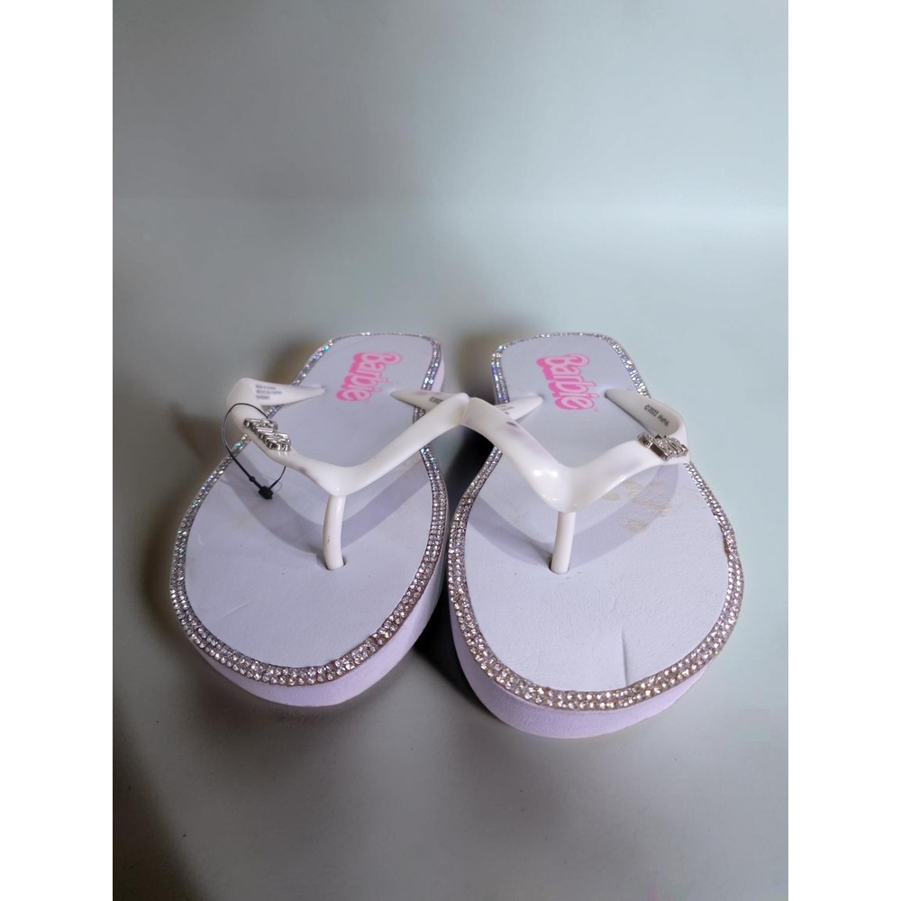 Barbie White Rhinestone Flip Flop Sandals Pink Logo Charm Women Size Large 9-10 - Picture 3 of 5